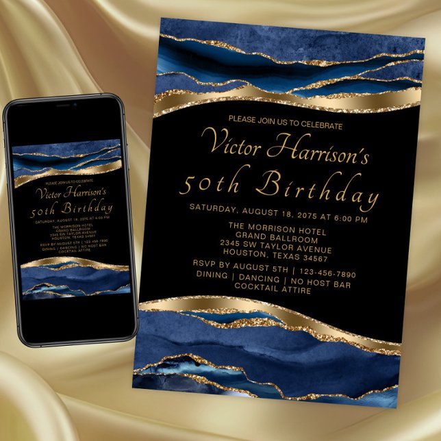 Invitación Fiesta de cumpleaños de Mans Blue Gold Agate (Blue gold any event invitation. Instant download and printed invitations available.)