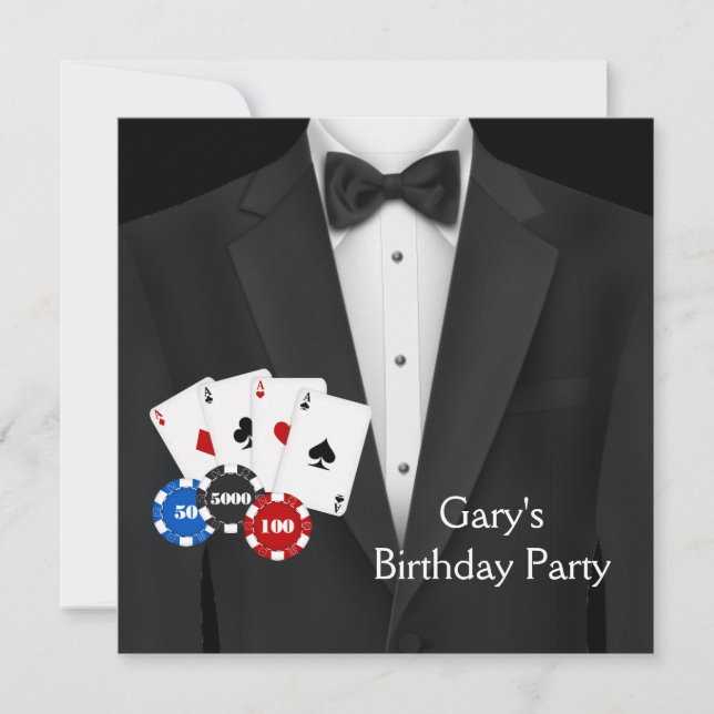 Invitación Fiesta de Cumpleaños de Mans con Póquer de Esmoqui (Anverso)