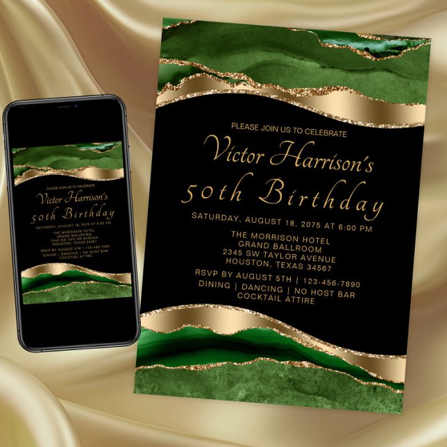 Invitación Fiesta de cumpleaños de Mans Emerald Green Gold Ag (Emerald green gold any event invitation. Instant download and printed invitations available.)