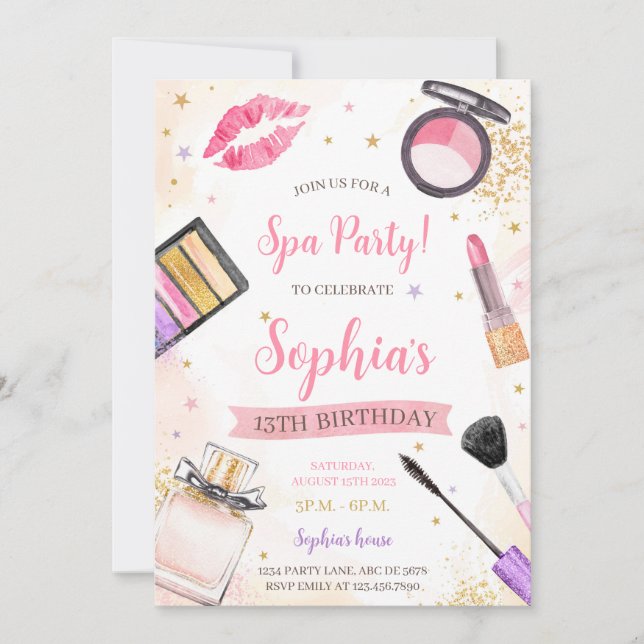 Invitación Fiesta de cumpleaños de maquillaje de Spa (Anverso)