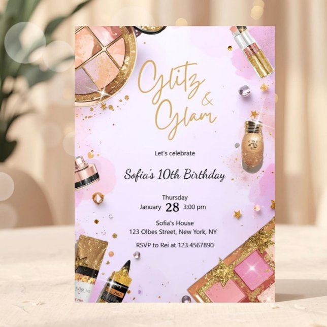 Invitación Fiesta de Cumpleaños de Maquillaje Glam Rosa Claro (girl birthday, spa makeup birthday party, spa party, spa birthday, makeup party, glamorous birthday,)