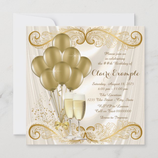 Invitación Fiesta de cumpleaños de marfil glamour de champán (Anverso)