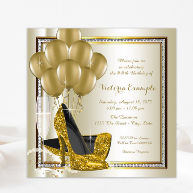 Invitación Fiesta de cumpleaños de marfil Gold Diamond High H (Any event invitation, all text can be changed.)