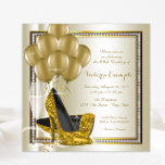 Invitación Fiesta de cumpleaños de marfil Gold Diamond High H<br><div class="desc">Invitación a la fiesta de cumpleaños crema y oro para mujeres con hermosos zapatos de tacón de purpurina dorado, globos dorados, champán y perlas con un fondo de diamante de color crema y oro. Esta elegante invitación de marfil crema y fiesta de cumpleaños dorado se personaliza fácilmente para tu evento...</div>