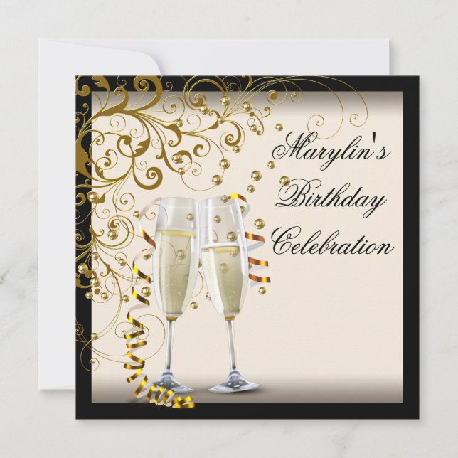 Invitación Fiesta de cumpleaños de marfil y oro (Anverso)
