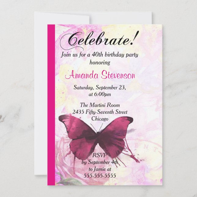 Invitación Fiesta de Cumpleaños de Mariposa de Acuarela Púrpu (Anverso)