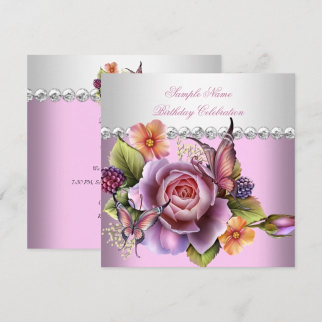 Invitación Fiesta de cumpleaños de mariposa de rosas blancas  (Anverso / Reverso)