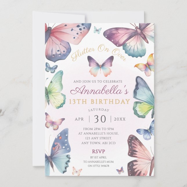 Invitación Fiesta de cumpleaños de mariposa invitan a maripos (Anverso)