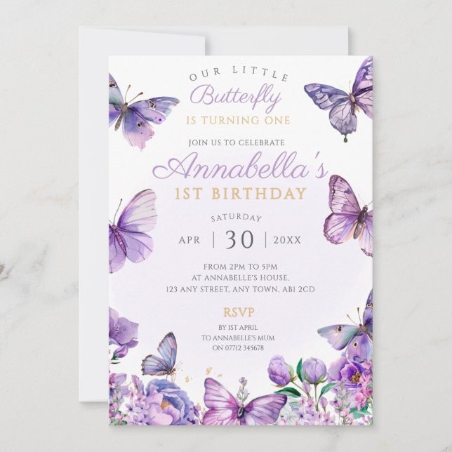 Invitación Fiesta de cumpleaños de mariposa morada invita a f (Anverso)