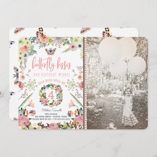 Invitación Fiesta de cumpleaños de Mariposa para un Chica (Anverso / Reverso)