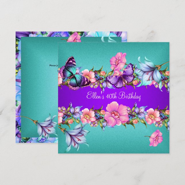 Invitación Fiesta de cumpleaños de mariposa rosa azul morado  (Anverso / Reverso)