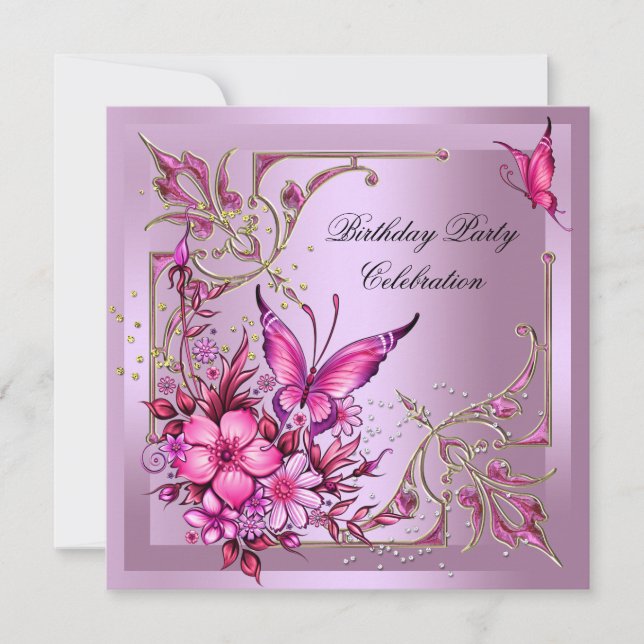 Invitación Fiesta de Cumpleaños de Mariposa Rosa Bonita (Anverso)