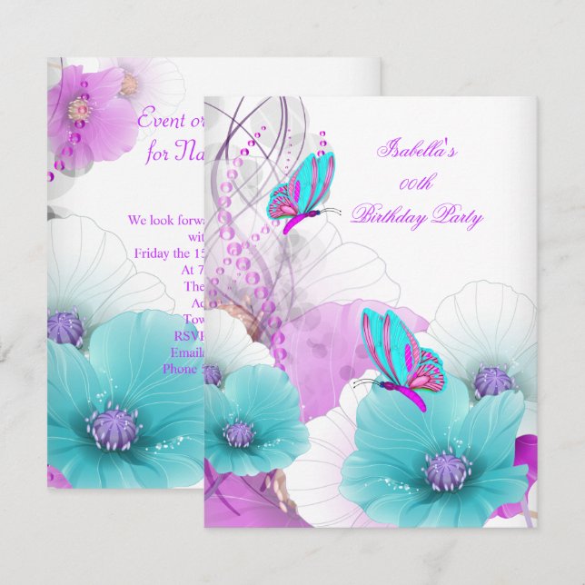 Invitación Fiesta de cumpleaños de mariposa rosa Verde azulad (Anverso / Reverso)