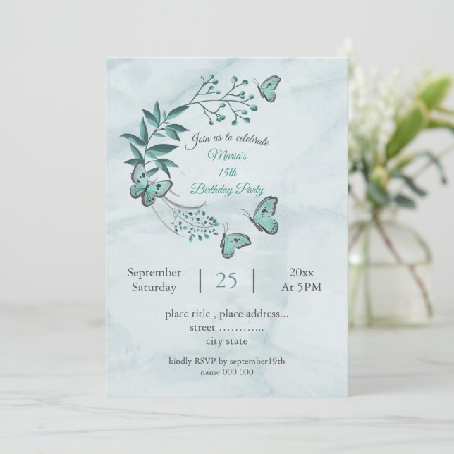 Invitación fiesta de cumpleaños de mariposas azules verde azu (Anverso de pie)
