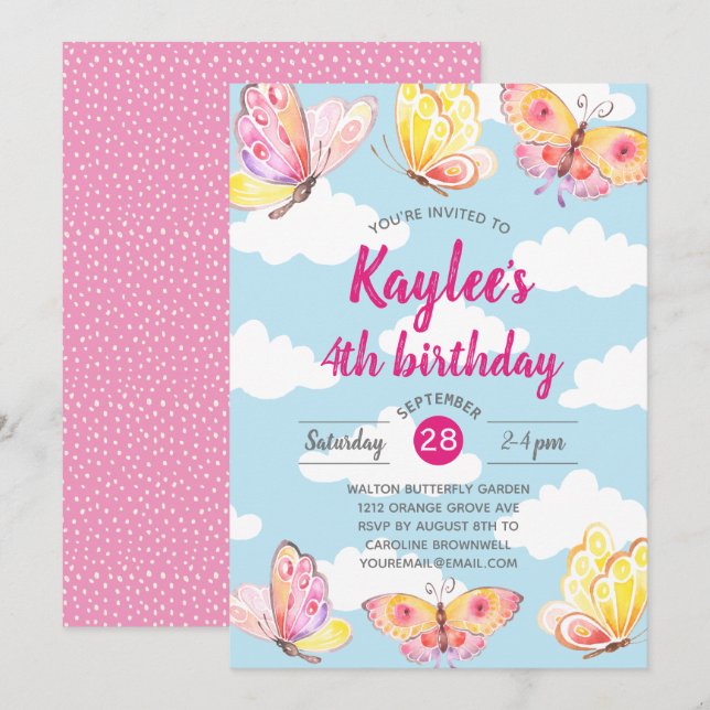 Invitación Fiesta de cumpleaños de mariposas Chicas rosados (Anverso / Reverso)