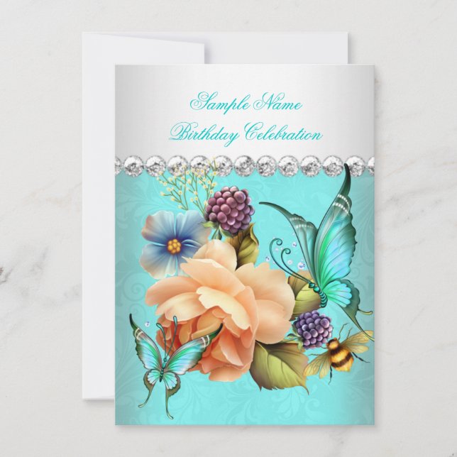 Invitación Fiesta de Cumpleaños de Mariposas con Rosas de Dur (Anverso)