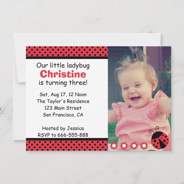 Invitación Fiesta de cumpleaños de Mariquita adorable, Cumple (Anverso)