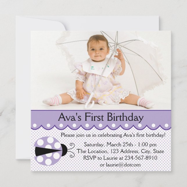 Invitación Fiesta de Cumpleaños de Mariquita Morada (Anverso)