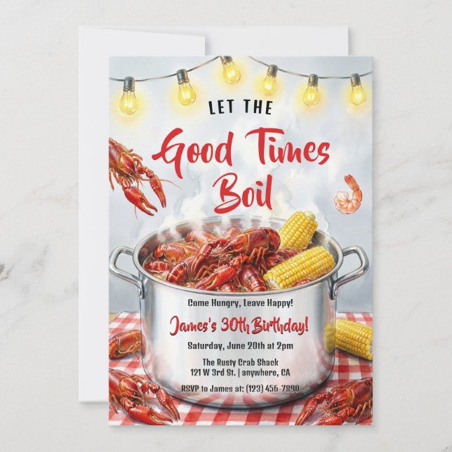 Invitación Fiesta de Cumpleaños de Mariscos Boil de Cangrejos (Anverso)