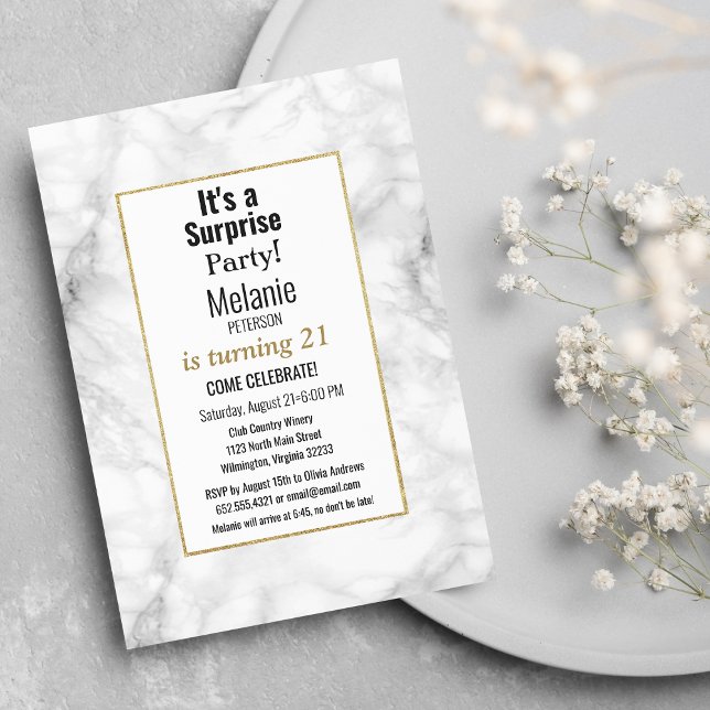 Invitación Fiesta de cumpleaños de mármol con brillo dorado y (Black white gold glitter marble Birthday Party)
