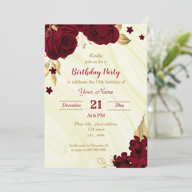 Invitación fiesta de cumpleaños de mármol floral de oro burde (Anverso de pie)