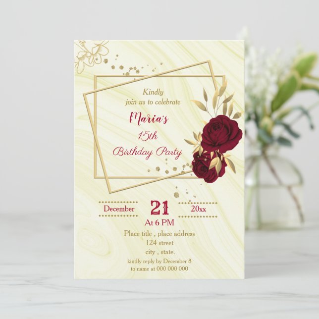 Invitación fiesta de cumpleaños de mármol floral de oro burde (Anverso de pie)
