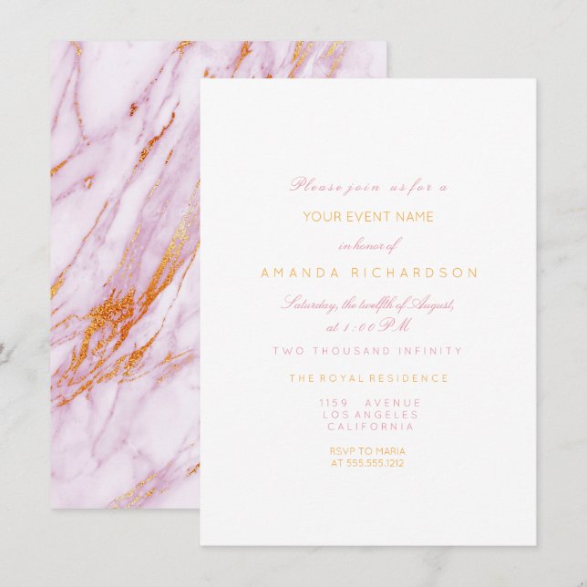 Invitación Fiesta de cumpleaños de mármol rosa dorado Forma F (Anverso / Reverso)