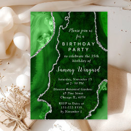 Invitación Fiesta de cumpleaños de mármol verde y plateado