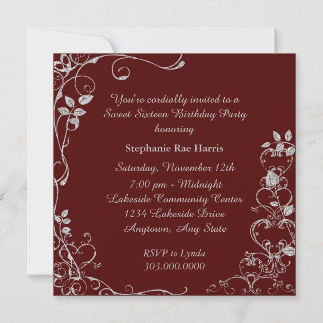 Invitación Fiesta de cumpleaños de Maroon Faux Diamond Swirl  (Anverso)