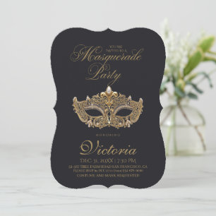 Invitación Fiesta de cumpleaños de máscara negra de oro