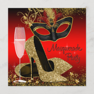 Invitación Fiesta de cumpleaños de máscara roja, negra y dora