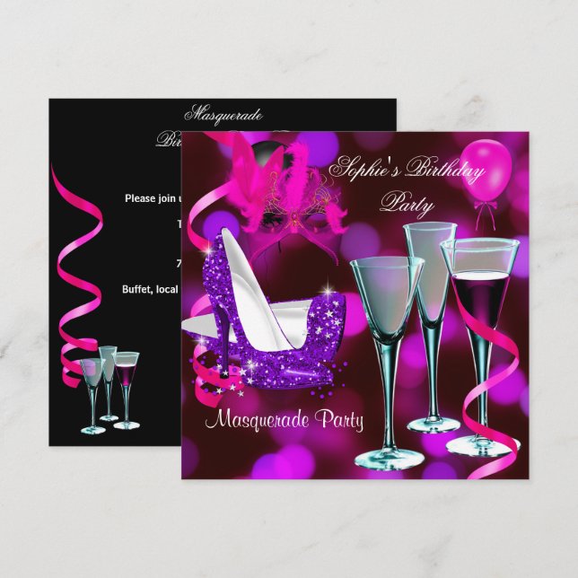 Invitación Fiesta de Cumpleaños de Máscara Tacón Alto Morado  (Anverso / Reverso)
