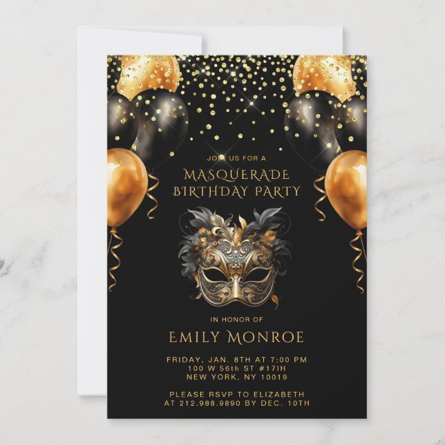 Invitación Fiesta de cumpleaños de mascarada Purpurina de oro (Anverso)