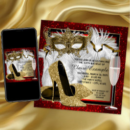 Invitación Fiesta de Cumpleaños de Mascarada Roja y Dorada de