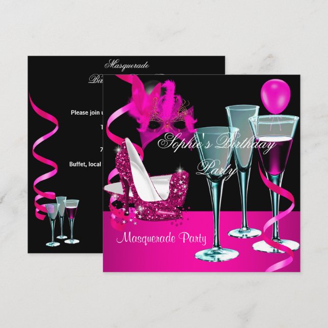 Invitación Fiesta de cumpleaños de mascarada Stiletto de vino (Anverso / Reverso)