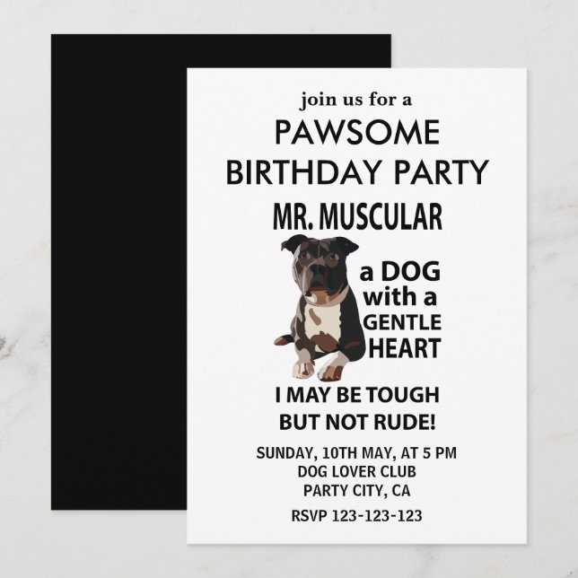 Invitación Fiesta de cumpleaños de mascota de perro Pitbull (Anverso / Reverso)