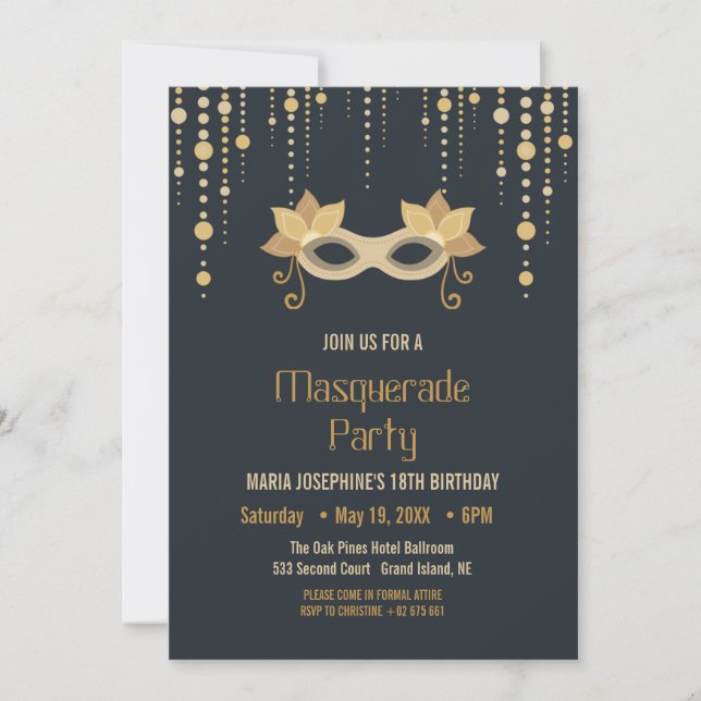 Invitación Fiesta de cumpleaños de Masquerade Moderna (Anverso)