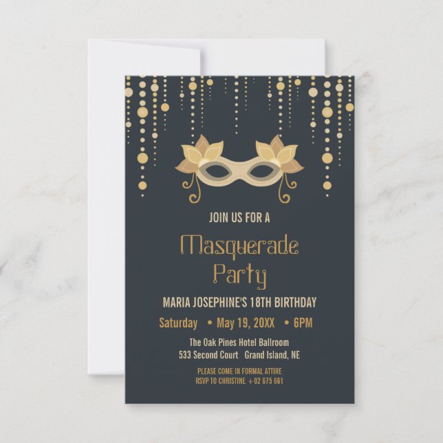 Invitación Fiesta de cumpleaños de Masquerade Moderna (Anverso)