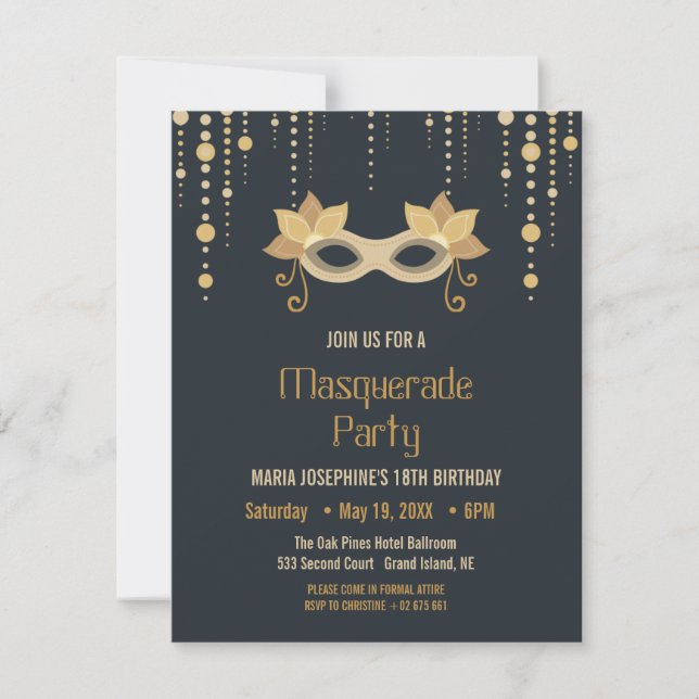 Invitación Fiesta de cumpleaños de Masquerade moderna (Anverso)