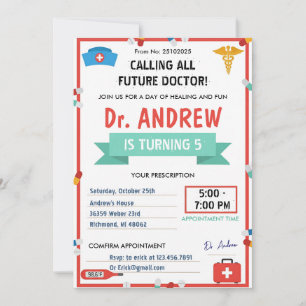 Invitación Fiesta de Cumpleaños de Médico Personalizado para 