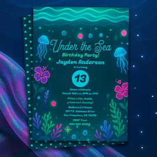 Invitación Fiesta de Cumpleaños de Medusas bajo el Mar de Neó