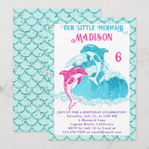 Invitación Fiesta de cumpleaños de Mermaid Dolphin Blue Sea O