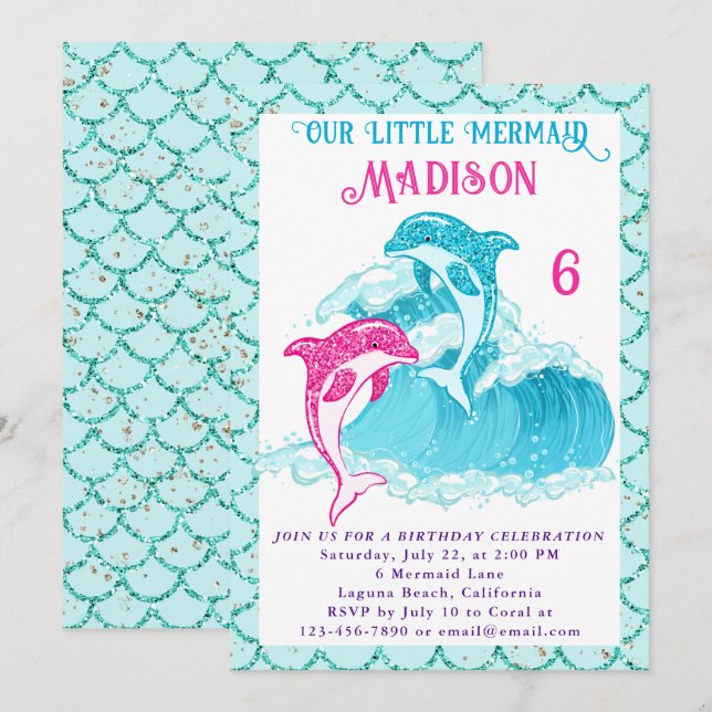 Invitación Fiesta de cumpleaños de Mermaid Dolphin Blue Sea O (Anverso / Reverso)