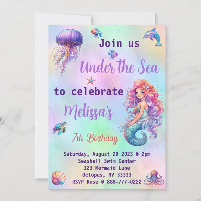 Invitación Fiesta de cumpleaños de Mermaid Under Sea Pastel (Anverso)