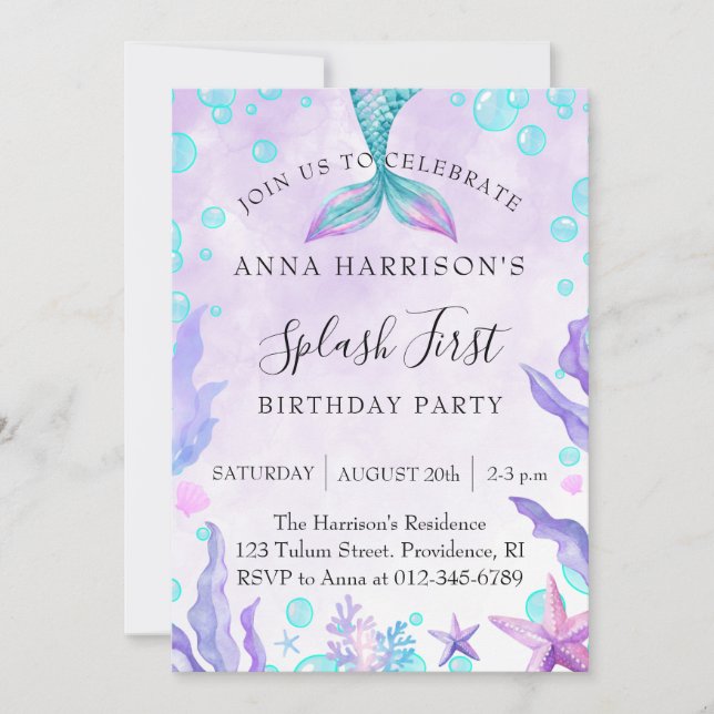 Invitación Fiesta de cumpleaños de Mermaid Watercolor (Anverso)