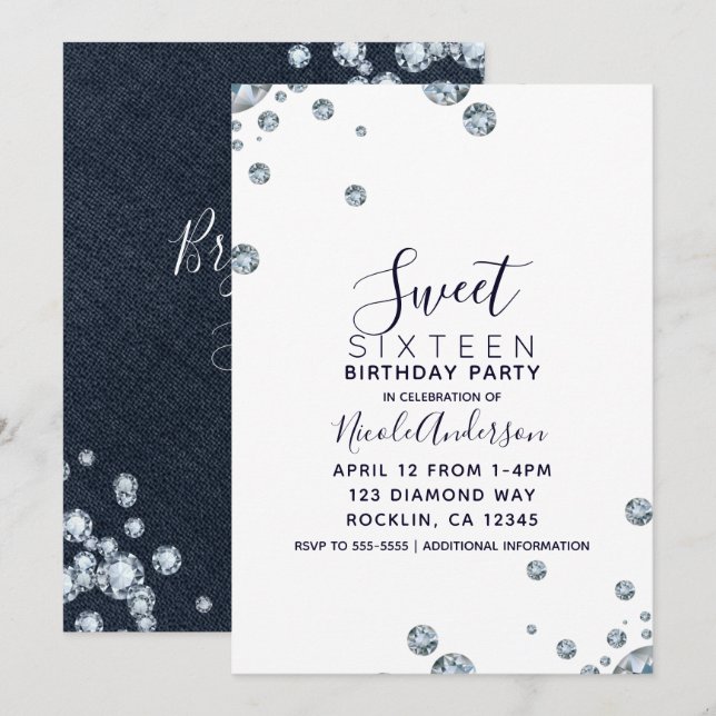 Invitación Fiesta de Cumpleaños de Mezclilla & Diamantes Dulc (Anverso / Reverso)