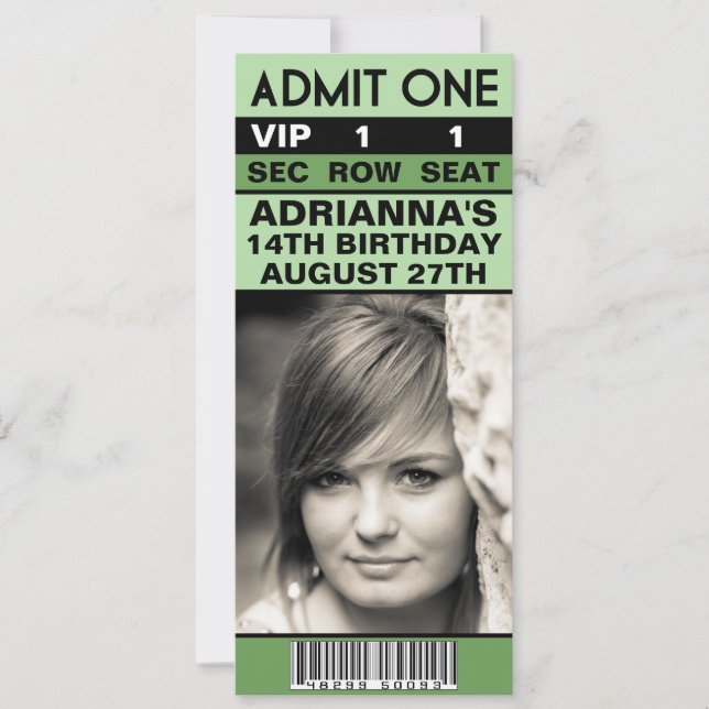 Invitación Fiesta de cumpleaños de Mint Green VIP Photo Ticke (Anverso)