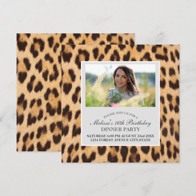 Invitación fiesta de cumpleaños de moda de moda leopardo prin (Anverso / Reverso)