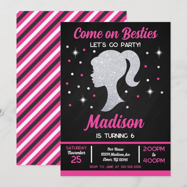 Invitación Fiesta de cumpleaños de moda de muñecas amigas (Anverso / Reverso)