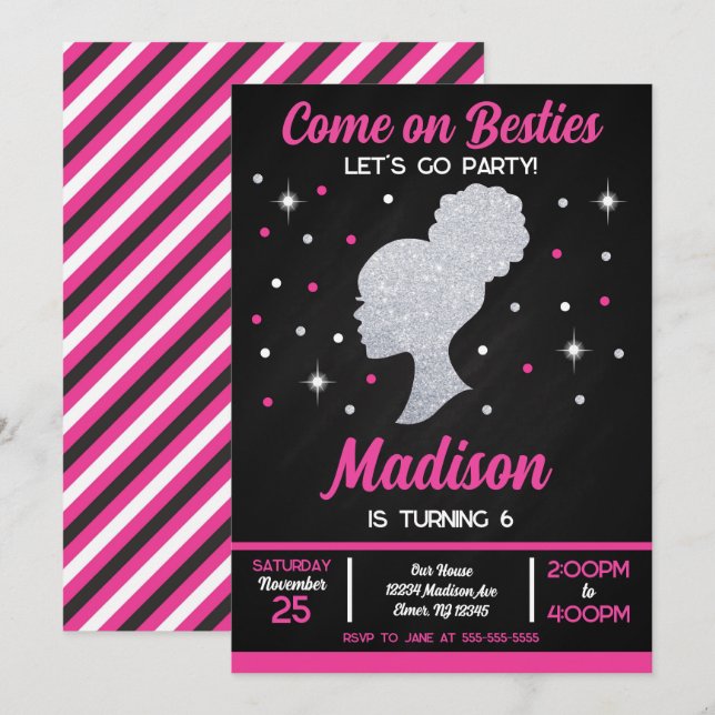 Invitación Fiesta de cumpleaños de moda de muñecas rosadas Be (Anverso / Reverso)